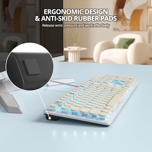 surmen Cute Quiet Keyboard USB Wired Typewriter Keyboard, Light Up Backlit PC Keyboards with Retro Round Keys Full Size 104 Keys for Office Computer (Khaki)