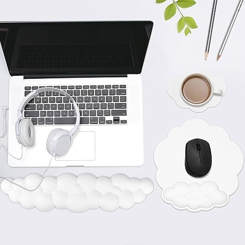 JIKIOU Ergonomic Cloud Mouse Pad & Keyboard Wrist Rest & Cup Pad, White