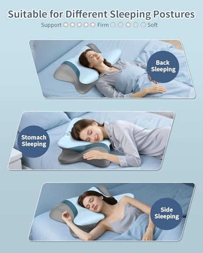 Cervical Pillow for Neck Pain Relief, Ergonomic Neck Pillow for Sleeping, Orthopedic Contour Side Sleeper Pillow for Neck Support, Memory Foam Pillows for Back Stomach Sleepers (Light Blue)