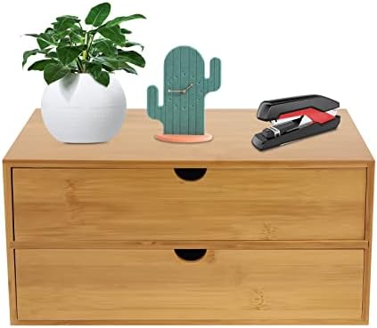 Bamboo Desk Organizer with 2 Drawers, Natural Wood Tabletop Storage Box | No-Assembly Countertop Drawer for Office Home Makeup Jewelry Stationery