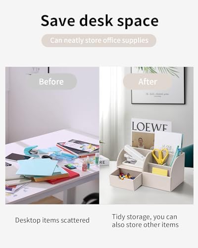 VLANDO Office Desk Organizer Leather Desktop Organizer Caddy with Drawer for Storing Desktop Supplies and Accessories (White)