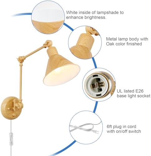 TRLIFE Wall Sconce Plug in, Dimmable Wall Sconce with Switch Swing Arm Wall Lights Plug in Wall Light Wall Sconces Lighting with 6FT Plug in Cord, E26 Base(1 Pack, Oak Color)
