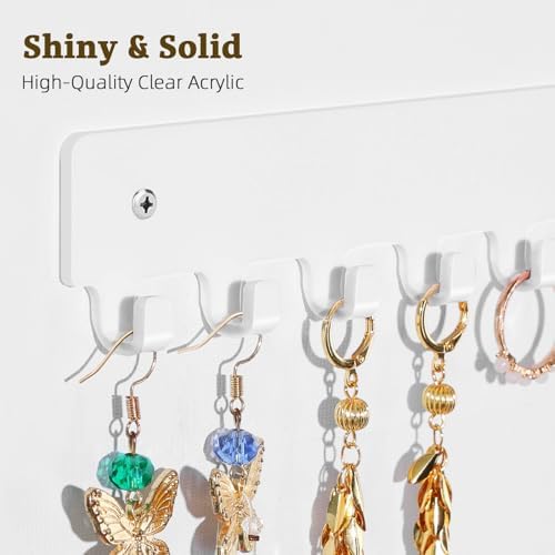 Acrylic Necklace Holder 2 Pack Wall Mounted Necklace Organizer Hanging Jewelry Organizer with 12 Hooks for Necklaces, Bracelets, Rings and Bangles Display（White）
