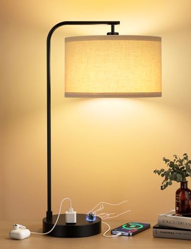 20.7" Tall Table Lamp with USB & Outlet, Fully Dimmable Nightstand Lamp