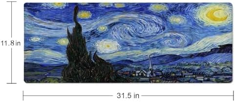 Gaming Mouse Pad, Large Non-Slip Rubber Base Mousepad, Keyboard Mouse Mat, Desk Pad with Stitched Edges, 31.5x11.8inch, Vincent Van Gogh - The Starry Night