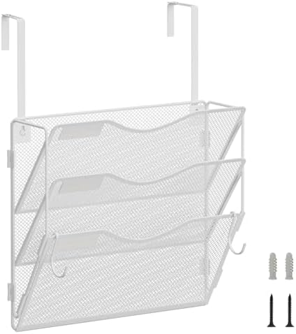 BOHDK Wall File Organizer, Hanging File Folder Organizer, Vertical Mesh Metal Door/Wall Mount Hanging File Holder. Paper Document Magazine Rack with Hooks for Home Office Black (3 Pockets White)