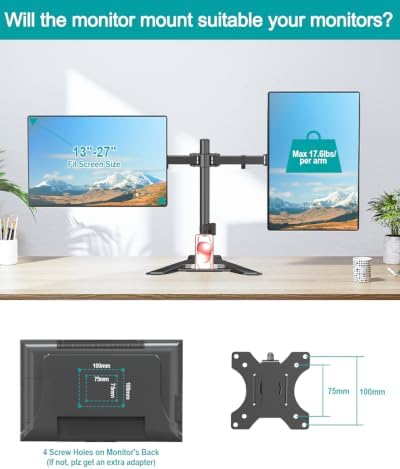 MOUNT PRO Dual Monitor Stand, Free-Standing Full Motion Monitor Desk Mount Fits 2 Screens up to 27 inches,17.6lbs with Height Adjustable, Swivel, Tilt, Rotation, VESA 75x75 100x100, Black