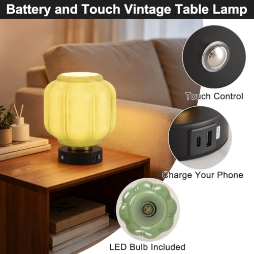 Rechargeable Table Lamp, Cordless Green Glass Bedside Lamp Small
