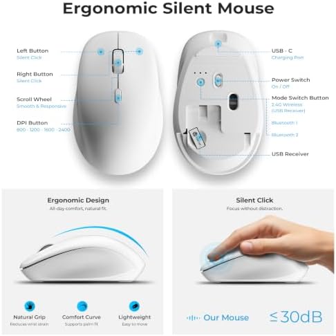 iClever DK05 Bluetooth Wireless Keyboard and Mouse Combo, Silver White