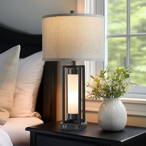 Set of 2 Modern Table Lamps for Living Room with USB C+A Ports