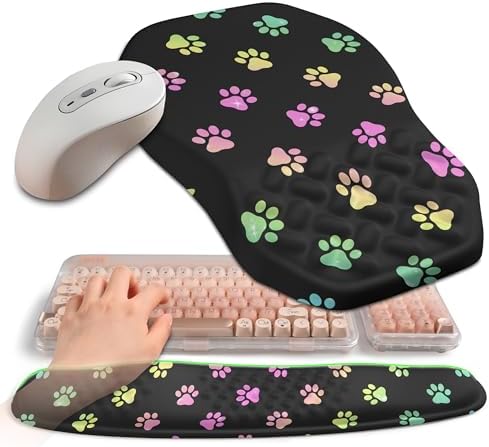 2-in-1 Ergonomic Set, Wave Keyboard Wrist Rest and Massage Slope Mouse Pad Wrist Support, Rebound Memory Foam for Relieve Carpal Tunnel Syndrome and Wrist Pain (Cute Cat Claws)