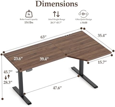 Klicelor L Shaped Standing Desk 63 x 35.4 Inch, Electric Height Adjustable Corner Desk for Home Office Workstation, Ergonomic Sit Stand Computer Table with Memory Controller, Dark Walnut