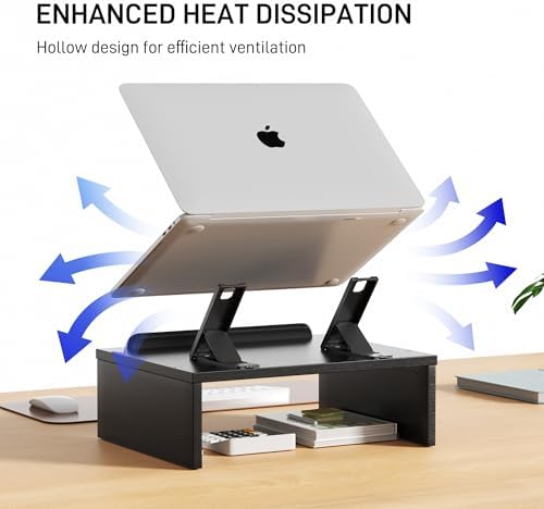 AFOOYO Adjustable Wood Laptop Stand with Storage Space - Notebook Organizer & Ergonomic Computer Riser, Wrist Rest Included, Compatible with 9.8-15'' Laptops (MacBook Air Pro/HP/Dell/Lenovo),Black