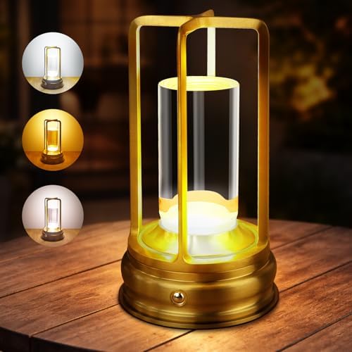 Cordless Table Lamp, Rechargeable LED Outdoor Table Lamp, Touch Control, 3 Color Temperatures, Stepless Dimming for Patio, Deck, Garden & Outdoor Dining, Gold