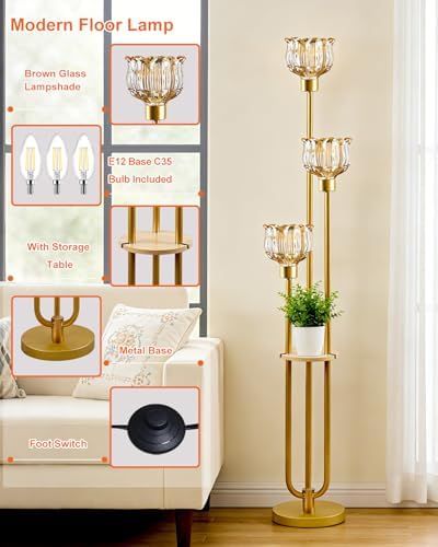 3-Light Lotus Floor Lamp, Mid Century Modern Amber Glass Gold Floor Lamp for Living Room, 62 Inch Standing Tall Lamps with Warm White 3000K Bulbs for Bedroom Sofa Beside Corner Home Decor