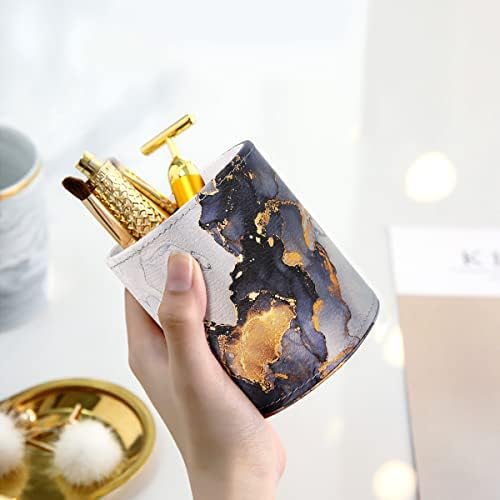 Round Leather Pen Holder for Desk, Gold Marble