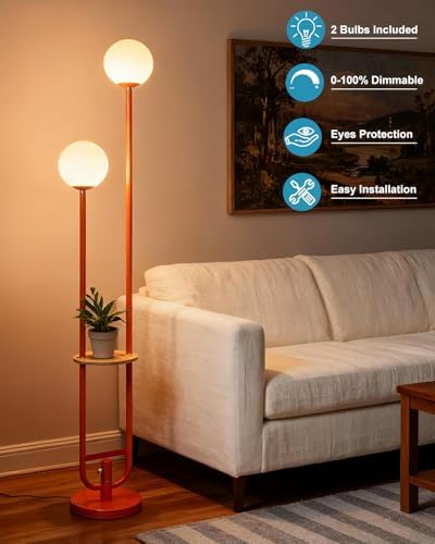 63IN 2-Globe Orange Floor Lamp Dimmable Tall Standing Lamps with Table 3000K Warm White Unique Modern Mid Century Floor Lamp with 5Lbs Heavy Base for Living Room Bedroom Home Office