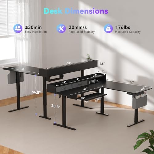 WALKINGDESK 63 Inches L Shaped Standing Desk with Keyboard Tray and 2 Drawers, L Shaped Electric Standing Desk, Adjustable L Shaped Office Desk,Corner Standing Desk for Home Office, Black
