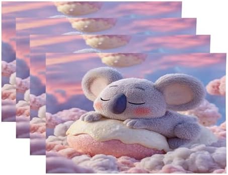 Koala Marshmallow Dreamy Linen Placemats, Cute On Sweet Cloud Table Mats for Table Washable Heat Insulation Thick Dining Mat, Indoor/Outdoor 12X18 in 4 Pcs