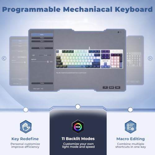 Redragon Mechanical Gaming Keyboard Wired, 11 Programmable Backlit Modes, Hot-Swappable Red Switch, Anti-Ghosting, Double-Shot PBT Keycaps, Light Up Keyboard for PC Mac, Blue