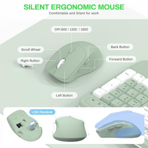 Wireless Keyboard and Mouse Combo,2.4G Ergonomic Wave Keys(Avocado Green-A)