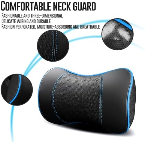 HAOTULE Car Leather Neck Pillows, Neck Rest Cushions,100% Memory Foam Cervical Support, Comfortable Travel car Seats and Home Office Soft Pillows, Blue a Set (2 pcs