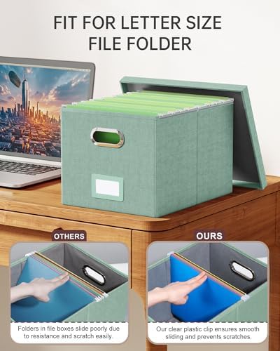 Oterri 2 Pack File Storage Organizer, Filing Box, Portable File Box with Lid, Fit for Letter/Legal File Folder Storage, Document Organizer, Green