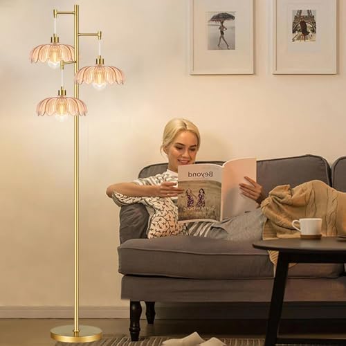 Vintage Floor Lamps for Living Room Bedroom-3 Light Glass Floor Lamp with Three Led Bulb, Flower Tall Floor Lamp Gold Mid Century Modern Standing Lamp Tree Floor Lamps for Living Room Bedroom Corner