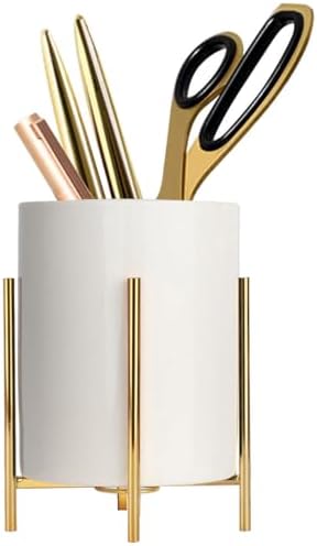Gold pencil cup Sturdy metal frame with white ceramic pen holder For desks and kitchen appliance holders