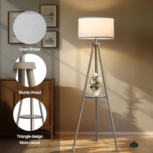EOEYYOYB Floor Lamps for Living Room, Modern Standing Lamp with Shelf, 3 Color Temperature Led Bulb Tall Lamps with Foot Switch for Bedroom and Office, Grey