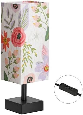 aooshine Small Bedside Table Lamp for Bedroom - Square Floral Fabric Shade