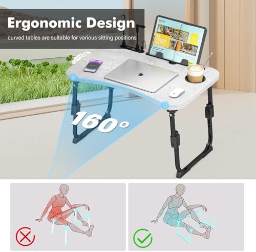 Lap Desk for Bed Adjustable Height, Foldable Bed Table with Storage Drawer, Tablet Slot & Cup Holder, Portable Laptop Stand for Bed & Sofa, Bed Desk for Adults & Kids, Light Stone Color