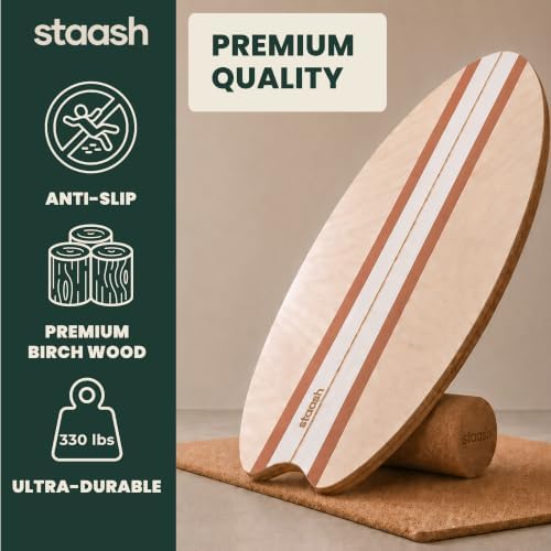 STAASH® Balance Board Full Kit – Premium Birch Wood Trainer with Cork Roller, Balance Disc, Massage Ball & Anti-Slip Mat – Core Strength, Surf, Snowboard & Rehab Training – All-In-One Set