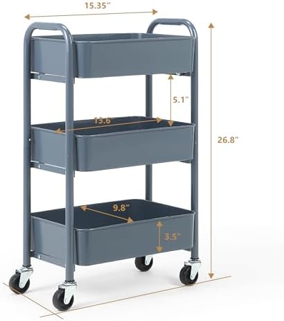 SunnyPoint 3-Tier Delicate Compact Rolling Metal Storage Organizer - Mobile Utility Cart Kitchen/Under Desk Cart with Caster Wheels - Blue (15.35" X 10.24" X 26.8"H)
