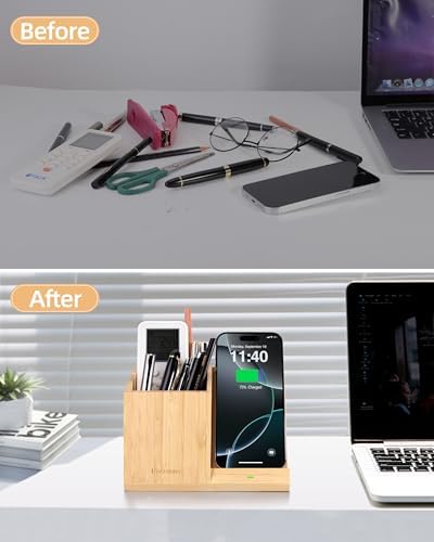 3-in-1 Bamboo Wireless Charger with Desk Organizer, Pen Holder for Desk