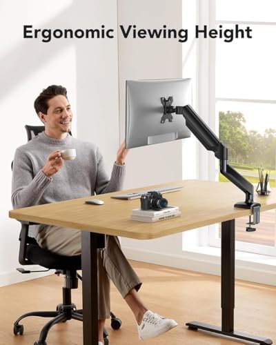 Single Monitor Arm, Adjustable Gas Spring Desk Mount for 13–32" Screens, VESA 75/100 Compatible, Heavy-Duty C-Clamp & Grommet Base, Supports 4.4–22 lbs