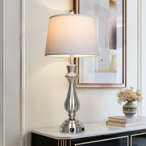 Modern Silver Table Lamp for Living Room,30" Tall Bedside Lamp with USB Charging Port,3-Way Dimmable Touch Nightstand Lamp for Bedroom Desk Side Table Office,Silver-1P