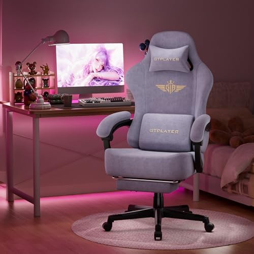GTPLAYER Big and Tall Gaming Chair Fabric with Pocket Spring Cushion, High Back Ergonomic Computer Chair with Footrest for Adults Lumbar Support Swivel Game Chair for Office 350LBS, Macaron Purple