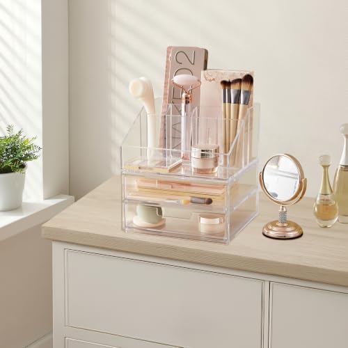 STORi Stackable Desk and Drawer Organizer, Clear, 6 Compartment Organizer with 2 Wide Drawers