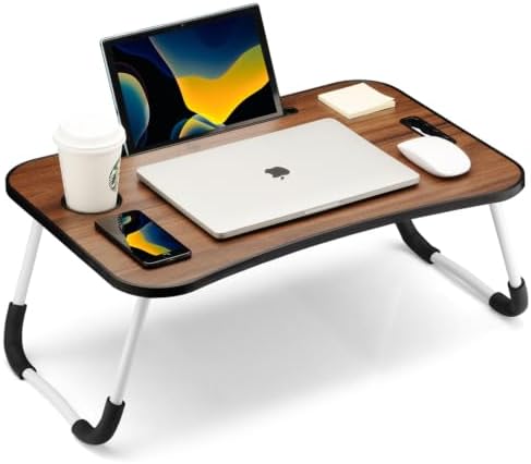 FISYOD Foldable Laptop Table, Portable Lap Desk Bed Table Tray, Laptop Stand with Cup Holder & Tablet Slot & Lifting Handle for Working Writing Drawing & Eating (Walnut)
