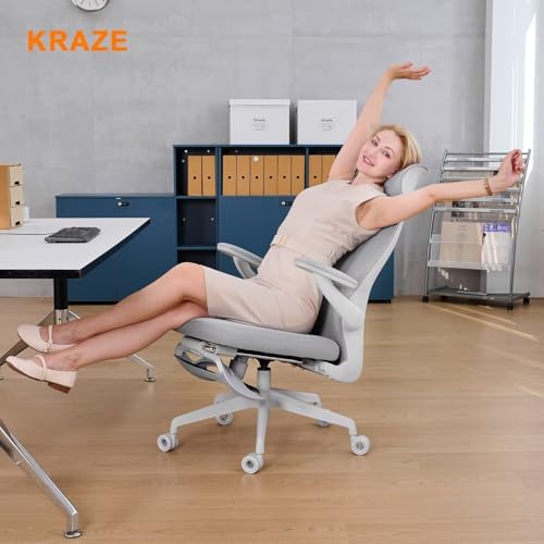 KRAZE Massage Office Chair Ergonomic High-Back Mesh Desk Chair, Light Gray