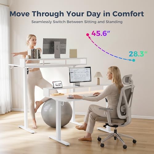 Klicelor Electric Standing Desk with Shelf, 63 Inch Height Adjustable Desk with Power Outlets & LED, Sit Stand Up Table with Monitor Stand, Computer Workstation for Home Office, White