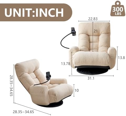 360° Swivel Gaming Floor Chair, 5 Position Adjustable Folding Sofa Chair with Armrests & Phone Holder, Cushion Padded Indoor Chaise Lounge for Adults, Home Office Floor Leisure Chairs, Beige