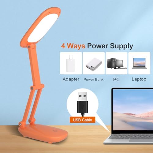 Akejrym LED Desk Lamp for Office Home & Battery Operated Lamp Rechargeable Lamp Foldable & Portable Light, [2-Fold Bracket] 3 Brightness Dimmable Small Desk Lamp Wireless Reading Lamp (Orange)