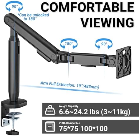 Hexcal Single Monitor Arm, Up to 35 inches Monitor Mount, 11 kg (24.2 lbs) with Built-in Cable Management and Free VESA 75x75mm or 100x100mm - Black