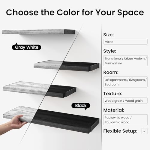 BAYKA Wall Mounted Floating Shelves (Gray and White, Set of 4, 16" Mixed)