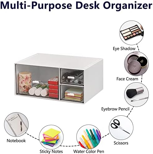 Desk Organizer Stackable Storage Drawers with 3 Compartments Stackable Drawers Great for Desk Storage, Makeup Storage Bathroom Organization Accessories Etc (White)