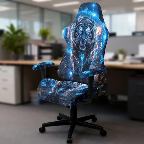 Tiger Lightning Print Gaming Chair Cover with Armrest Covers Stretch Non Slip Furniture Protector Washable Stain Resistant Office Desk Chair Slipcover