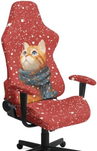 Christmas Cat Gaming Chair Seat Cover Holdiay Game Chair Slipcovers with 2 Armrest Covers, Scratch-Proof 4 PCS Gamer Desk Chair Covers Xmas Decor