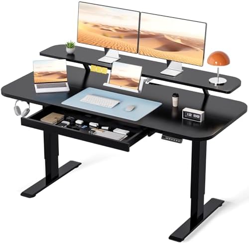 COMHOMA Electric Standing Desk with Drawers, 48 x 24'' Sit Stand up Desk with Monitor Stand, Laptop Stand, Height Adjustable Ergonomic Home Office Computer Desk with Memory Preset Controller (Black)